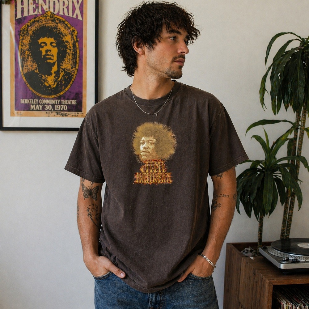 Vintage 04 Y2K Jimi‎ Hendrix Graphic T Shirt Brown Psychedelic Tee Men's Large